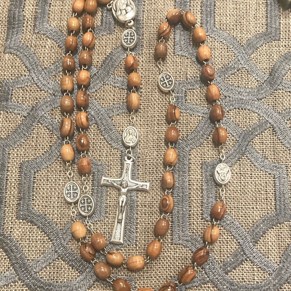 Vintage Wooden Bead Rosary with Silver Cross
